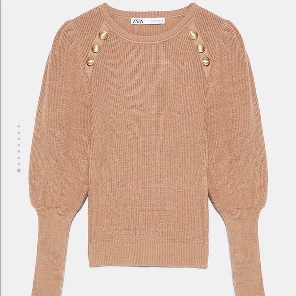 Zara Tan Gold Button Puff Sleeve Sweater - Picture 5 of 6